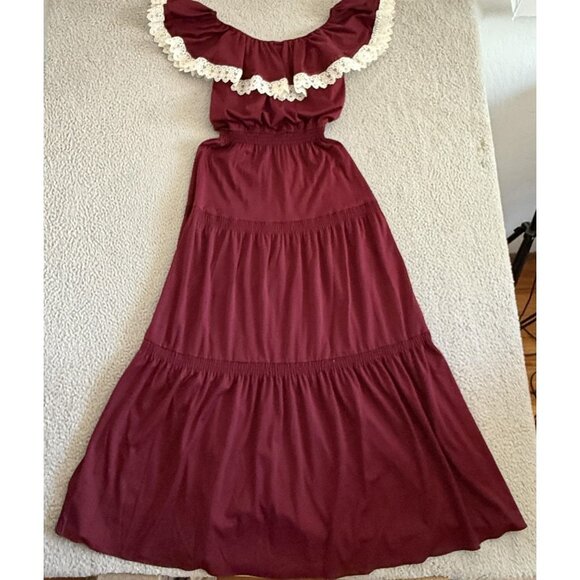 Vintage 70s Maxi Dress Burgundy Ruffle Lace Trim Peasant Cottage - Picture 9 of 9
